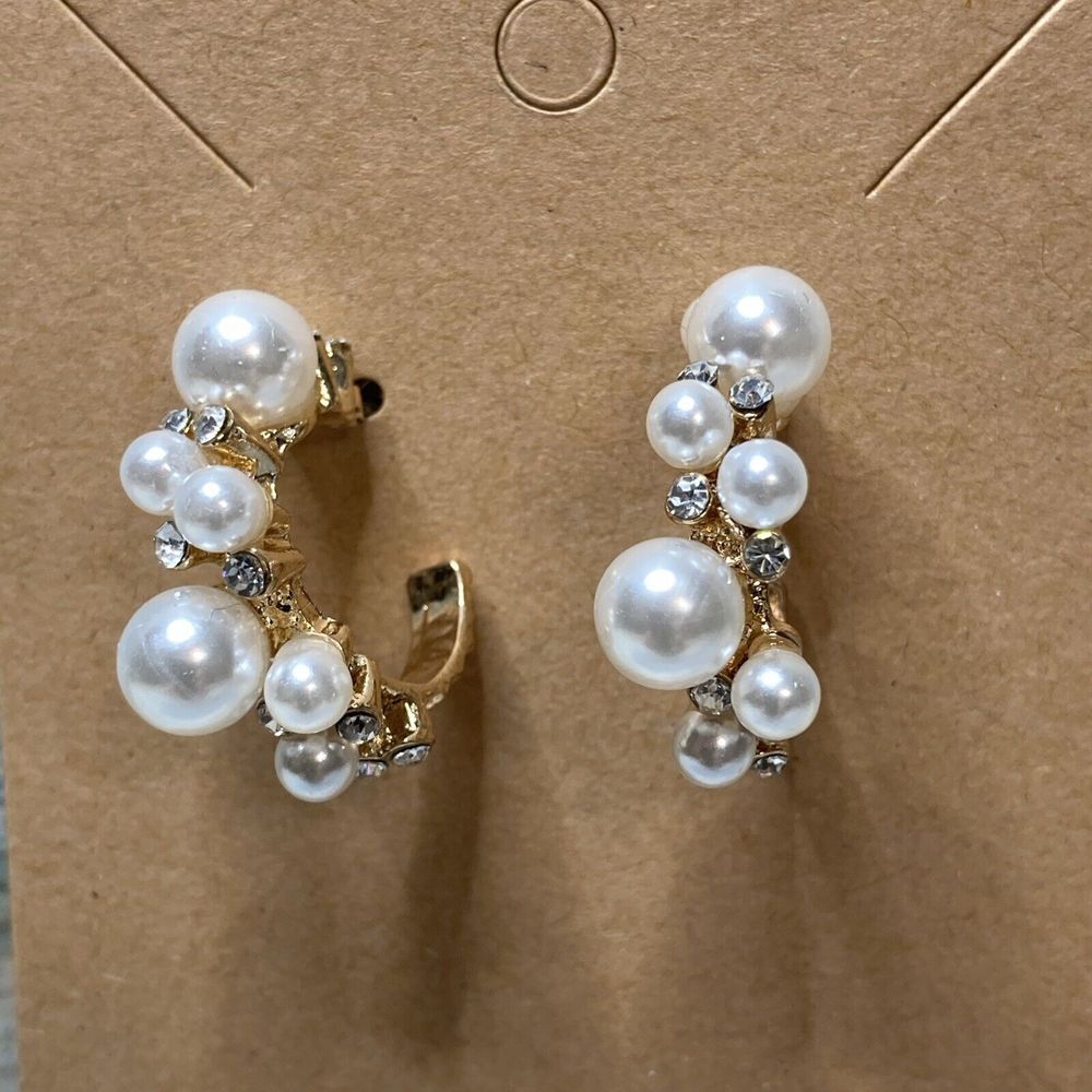 Hoop Pearl Clusters Faux Rhinestones EARRINGS NWOT Gold Tone Costume Fashion